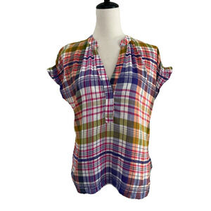 Pilcro Blouse Top Womens Small Plaid Deep-V Short Ruffle Sleeves Smocked Back